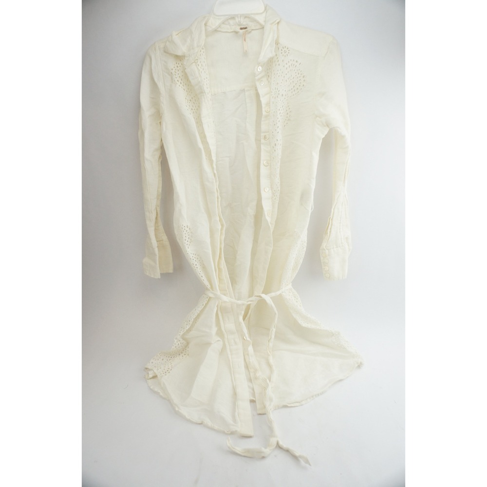 Free People Tunic Shirt Womens Small Ivory Linen Blend Eyelet Belted Excellent